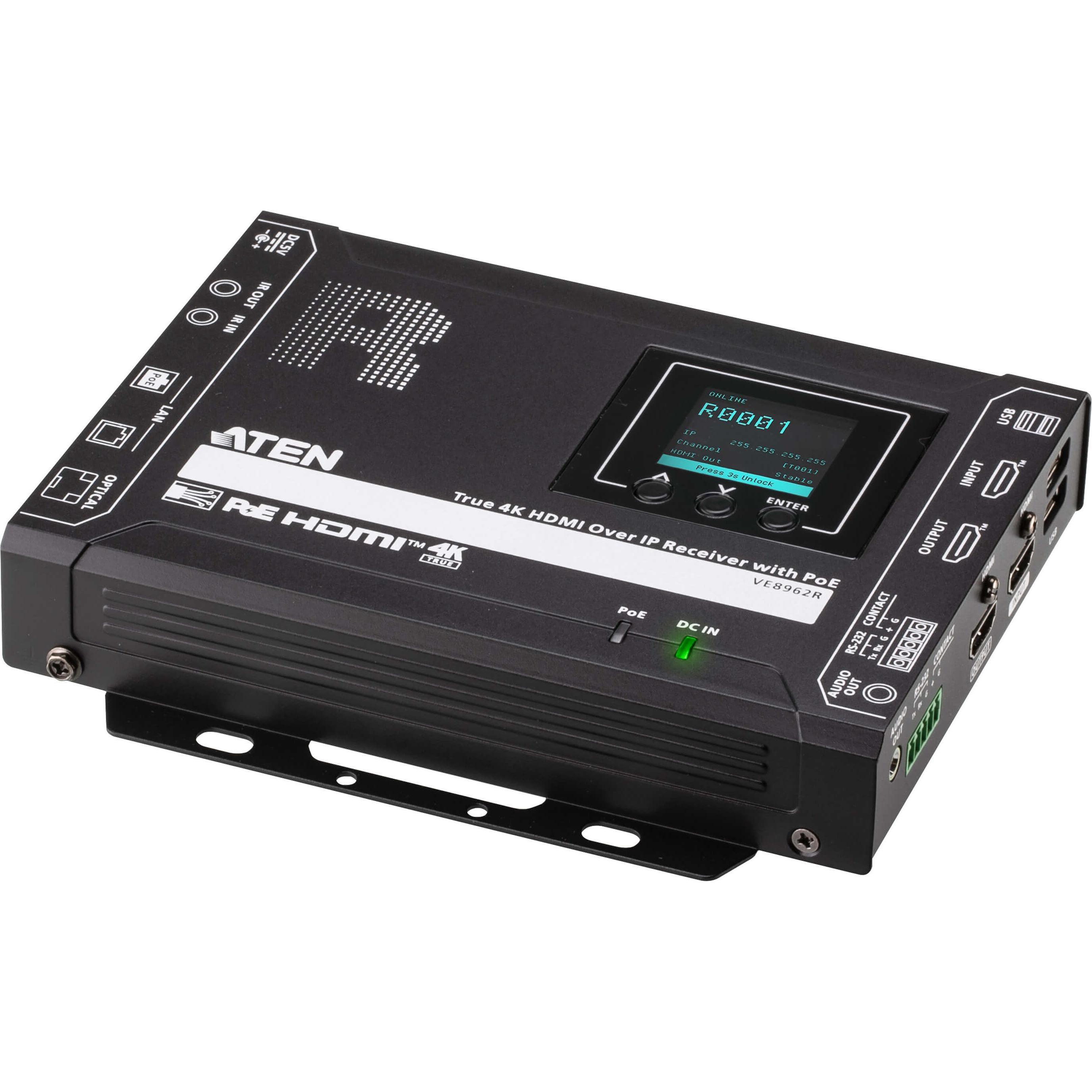 Aten VE8962R True 4K HDMI over IP Receiver with PoE, Switch KVM, Nero