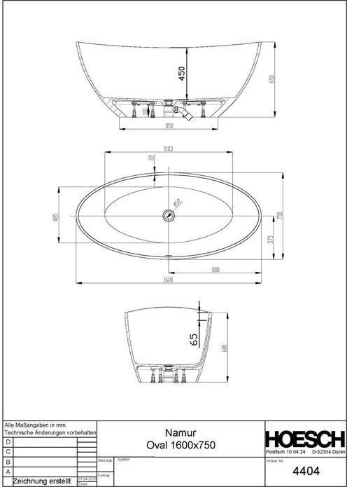 Produktbild Hoesch Badewanne NAMUR 1600x750x450mm freistehend we (250 l, 160 cm, 75 cm)