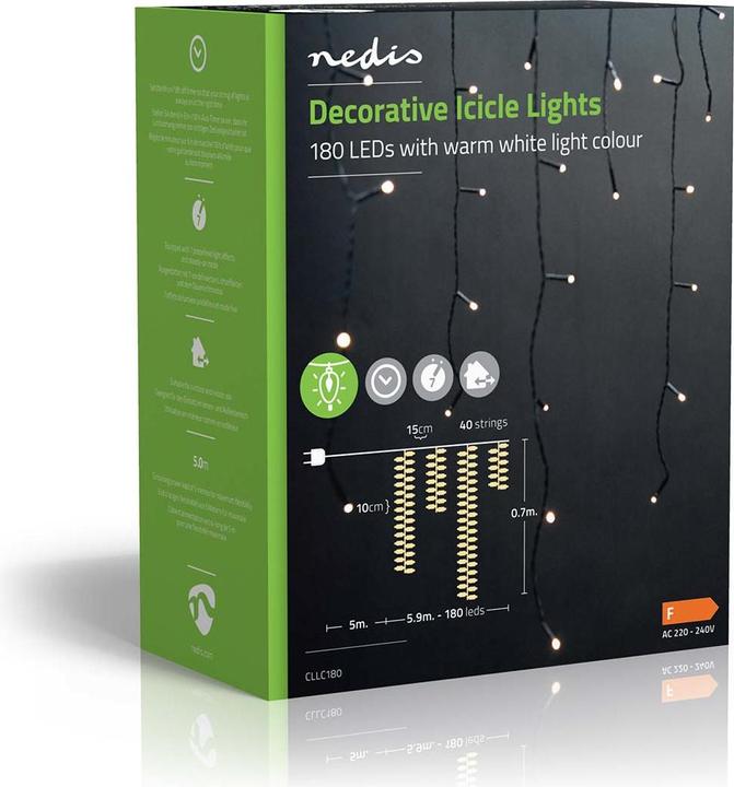 Produktbild Nedis Dekorative Eiszapfenlichter | 180 LED's | Warmweiss | 5.90 m | Lichteffekte: 7 | Netzstromvers (10.90 m)