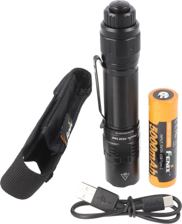 Actual product image Fenix PD36 TAC LED torch, with one-hand rotary switch, including rechargeable battery