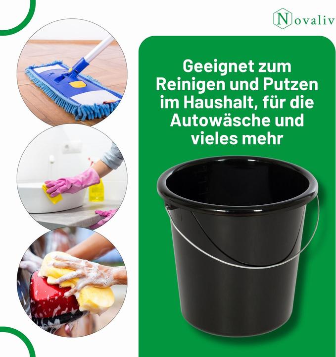 Produktbild Novaliv 4 Stück Eimer 10L Schwarz mit Masseinteilung - Putzeimer 10 Liter? 28,5 cm Praktischer Allro (4 Stk.)