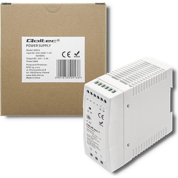 Qoltec DIN-Schienen-Netzteil 60W 24V 2 5 A Weiss Schlank (60 W), PC Netzteil, Weiss