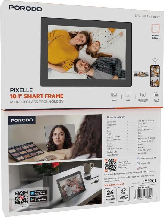 Produktbild Porodo Digitaler Bilderrahmen Pixelle 10,1 Spiegelglas-Technologie - Schwarz (10.10", 1920 x 1200 Pixel)