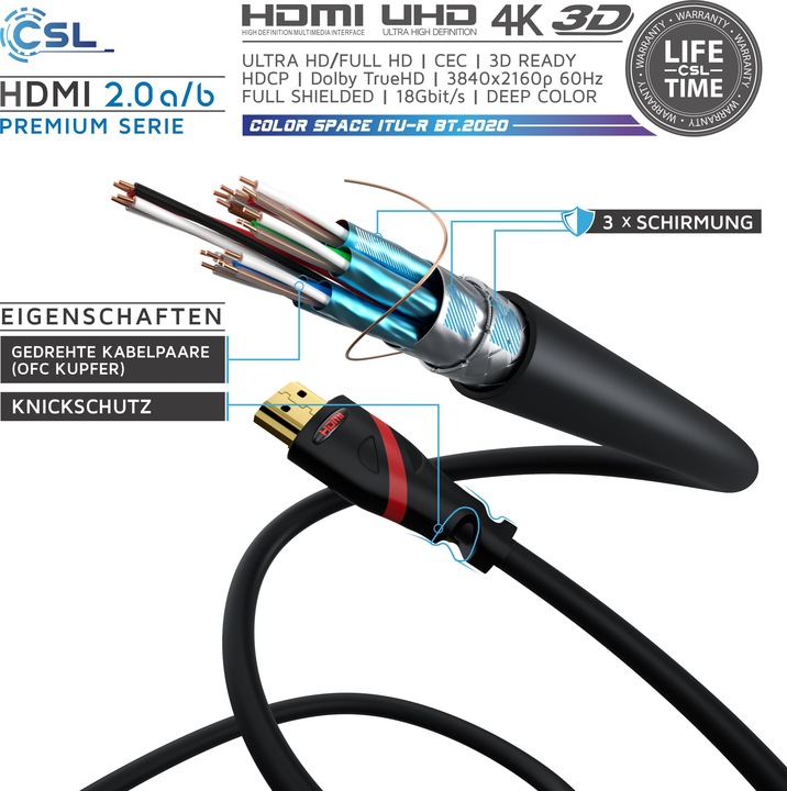 Actual product image CSL HDMI cable 2.0b - 4k 60Hz Ultra HD - Ethernet - Highspeed - Full HD - 3D - ARC - 3 x shielded (3 m, HDMI)