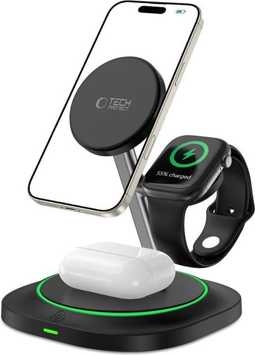 Actual product image Tech-Protect QI15W-A46 3in1 Magnetic MagSafe Inductive Charger - Black (15 W)