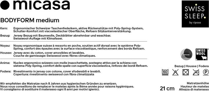 Nutritional values and ingredients SwissSleep by riposa Bodyform (90 x 200 cm, Spring core)