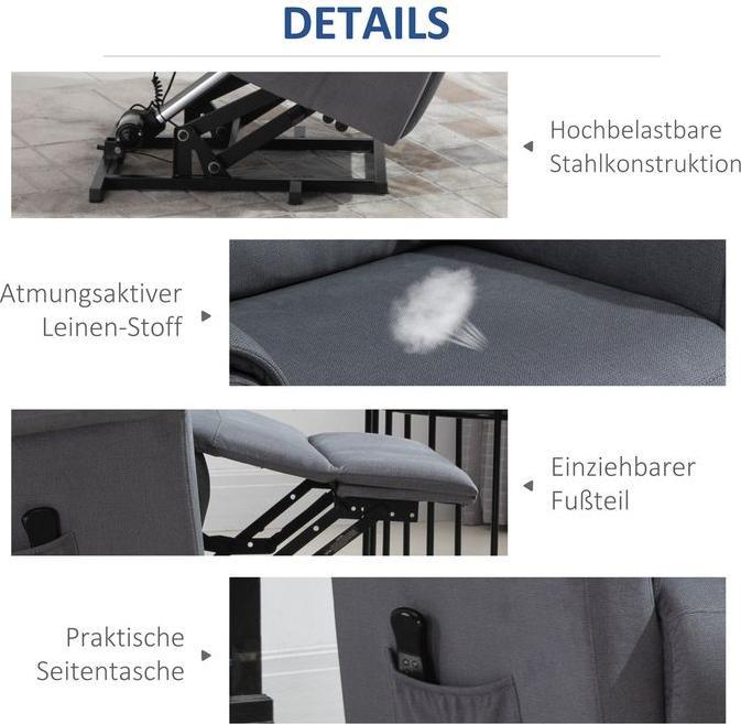 Produktbild Swisshandel24 Aufstehsessel Fernsehsessel, elektrische Aufstehhilfe, Liegefunktion, Leinen-Touch, Stahl, Grau, 86x