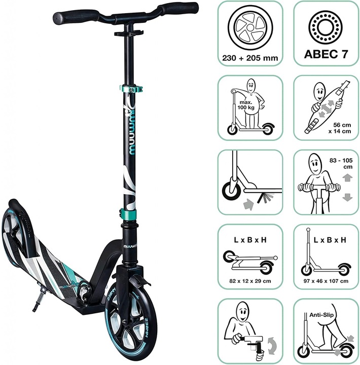 Produktbild Muuwmi Aluminium Scooter Pro – Tretroller, 230/205 mm, ABEC 7,, höhenverstellbar, XL-Deck, BMX-Lenk