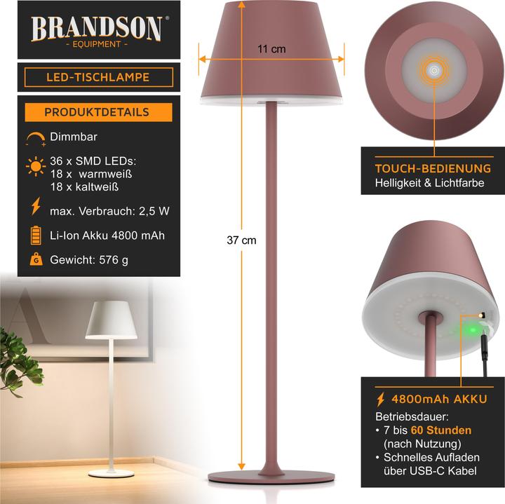Image du produit Brandson LED Tischleuchte mit Akku, Kabellos, Touch, dimmbar, aus Metal, Dimmfunktion, Schreibtischlampe