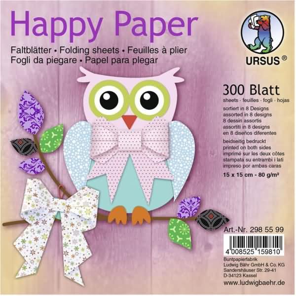 Ursus, Bastelpapier, Faltblätter Happy Paper 80g/qm 15x15cm 8 Designs VE=300 Blatt (80 g/m², 1 x)