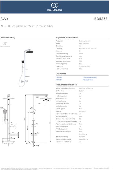 Produktbild Ideal Standard Duschsystem Alu+: Ceratherm Brausethermostat 2 Ablagen, 2F-Handbrause, 2F-Kopfbrause