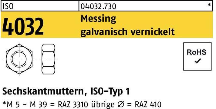 Produktbild Bufab Sechskantmutter ISO 4032 M 12 Messing galvanisch vernickelt (M12)