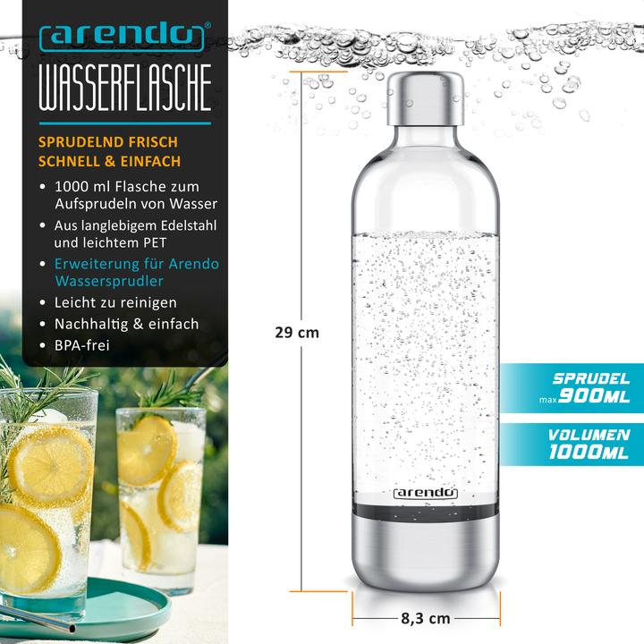 Produktbild Arendo Wassersprudler Flasche 1L für Soda Streamer, max. 900ml zum Sprudeln, 1000ml Füllmenge