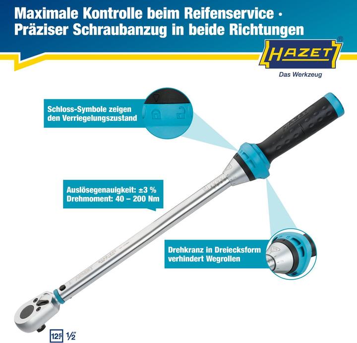 Produktbild HAZET Drehmomentschlüssel 5122-3CT ∙ Nm min-max: 40 - 200 Nm ∙ Toleranz: 3% ∙ Vierkant 12,5 mm (1/2… (1/2", 40 - 200 Nm)