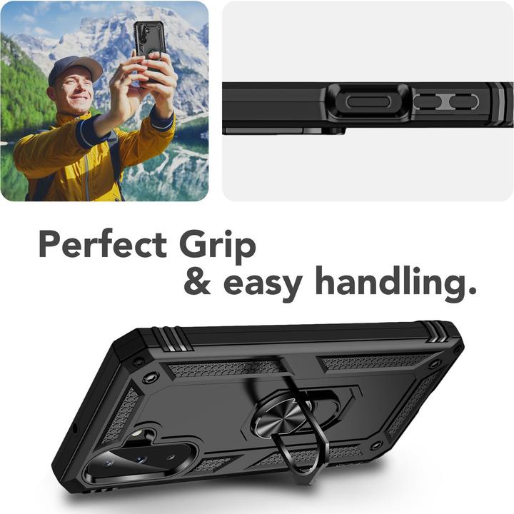 Produktbild Nalia RingDefend - Schwarze Panzerhülle mit 360-Grad Finger-Halter & Ständer - Military Style Cover (Samsung Galaxy A26)