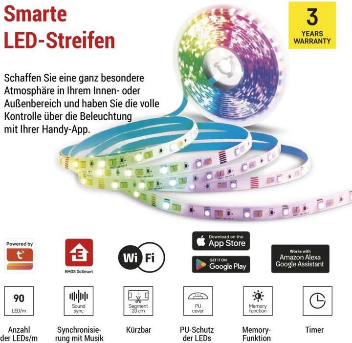 Actual product image Emos GoSmart LED-Streifen WiFi 2m, 11W, 750lm, RGB/CCT (Warm white, 200 cm, Indoor)