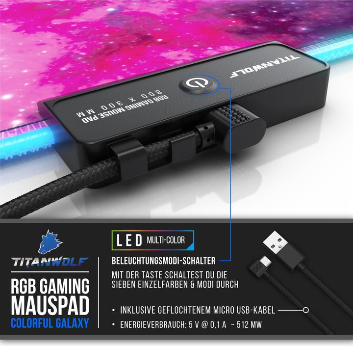 Image du produit Titanwolf Tapis de souris de jeu, Tapis de souris RGB XL, 800 x 300 mm, améliore la précision et la vitesse