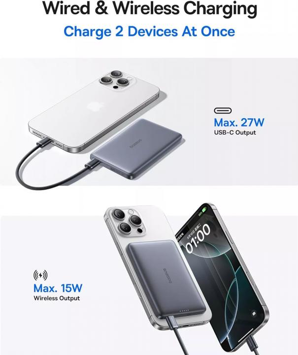 Image du produit Baseus Banque d'alimentation PicoGo AM41, 10000mAh, 27W, PD + FQI, Grey (10000 mAh, 27 W)