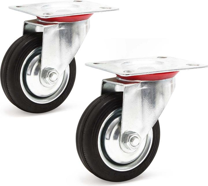 Image du produit Wiltec Kit 2x Roulettes pivotantes Caoutchouc plein 75 mm Jantes en métal Plaque de montage 50 kg par roue