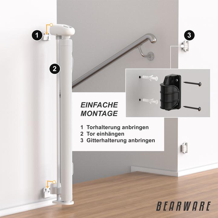 Image du produit Bearware Baby-Sicherheitsgitter, Einhandbedienung, geeignet für Treppen, Türen, ausziehbar, 180cm, weiss (71.10 cm)