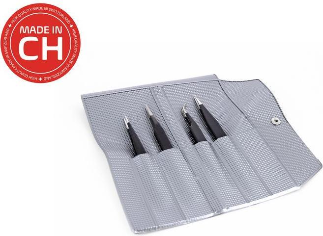Actual product image RND Set of 4 ESD-safe tweezers, stainless steel, Curved / Fine / Flat / Round / Very sharp