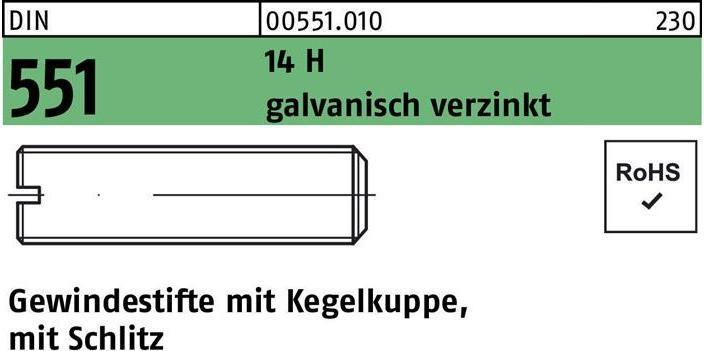 Produktbild Gewindestift DIN 551 m.Kegelkuppe/Schlitz M 12 x 16 14 H galvanisch verzinkt (100 Schrauben pro Stück)