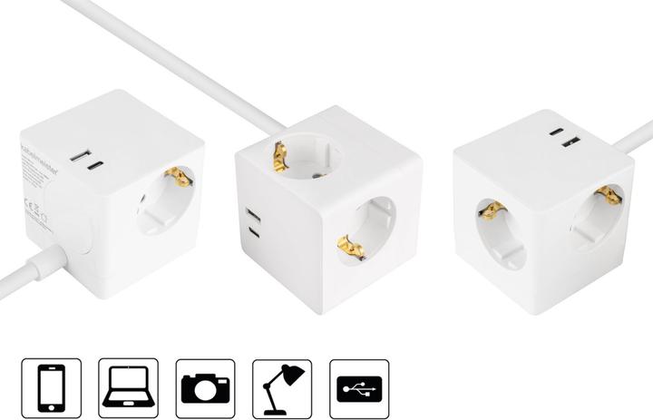 Immagine prodotto Kabelmeister Cubo di presa a 3 vie USB-C USB-A, bianco, 2m (3 x, USB-C, USB-A, 2 m)