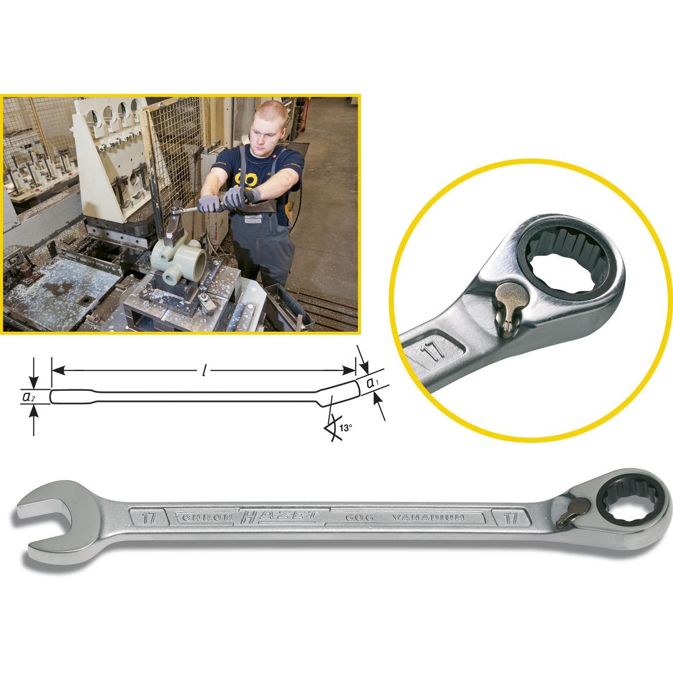 Thumbnail - HAZET, Schraubenschlüssel, Knarren Ring-Maulschlüssel 606-19 ∙ Aussen Doppel-Sechskant-Tractionsprofil ∙ 19 mm (19 mm)