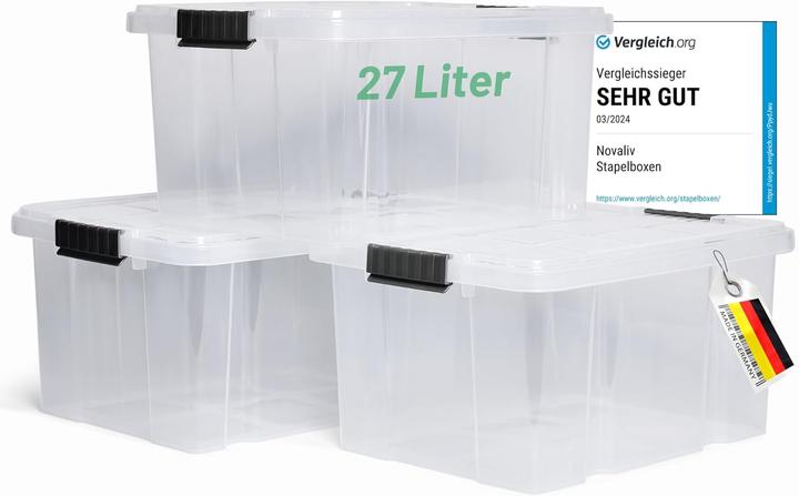 Immagine prodotto Novaliv 3x Aufbewahrungsboxen mit Deckel 27L transparente Nestbar stapelbare Storage boxes mit Clipv (46,5 x 36,5 x 24 cm, 27 l)