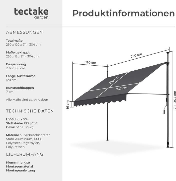Produktbild tectake Klemmmarkise mit Handkurbel, höhenverstellbar (2.50 m)
