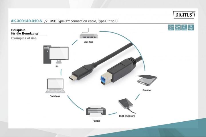 Produktbild Digitus USB C – USB B (1 m, USB 3.1)