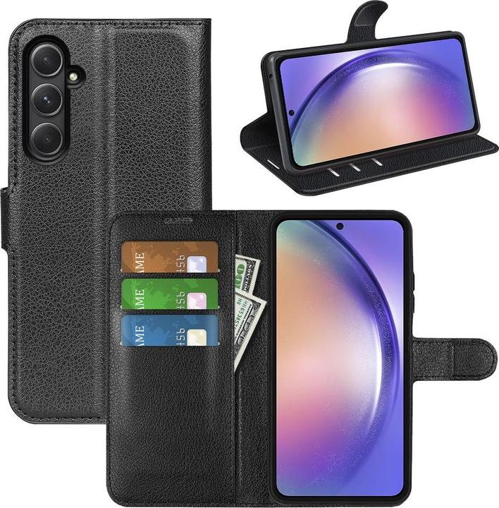 Produktbild Apfelkiste Samsung Galaxy A55 Leder Flip Cover Litchi Look, Schwarz (Samsung Galaxy A55)