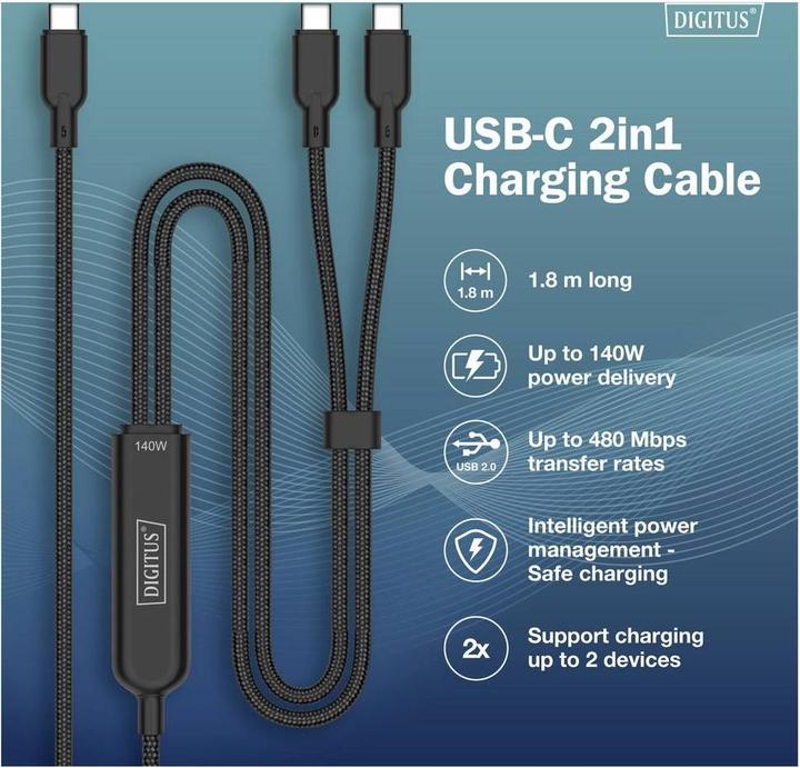 Actual product image Digitus USB-C 2in1 Ladekabel, 140W, 1,8m USB 2.0, Nylon-Mantel, schwarz (1.80 m, USB 2.0, 140 W)