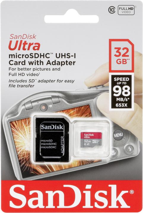 Immagine prodotto Sandisk Ultra microSDHC 32GB 98MB/s Adapt. (32 GB, microSDHC, U1, UHS-I)