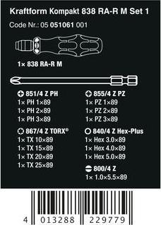 Produktbild Wera Kraftform Kompakt 838 RA-R M Set 1 (Pozidriv-Kreuzschlitz (PZ), Phillipps-Kreuzschlitz (PH), Innensechskant, Pin-torx, Schlitz)