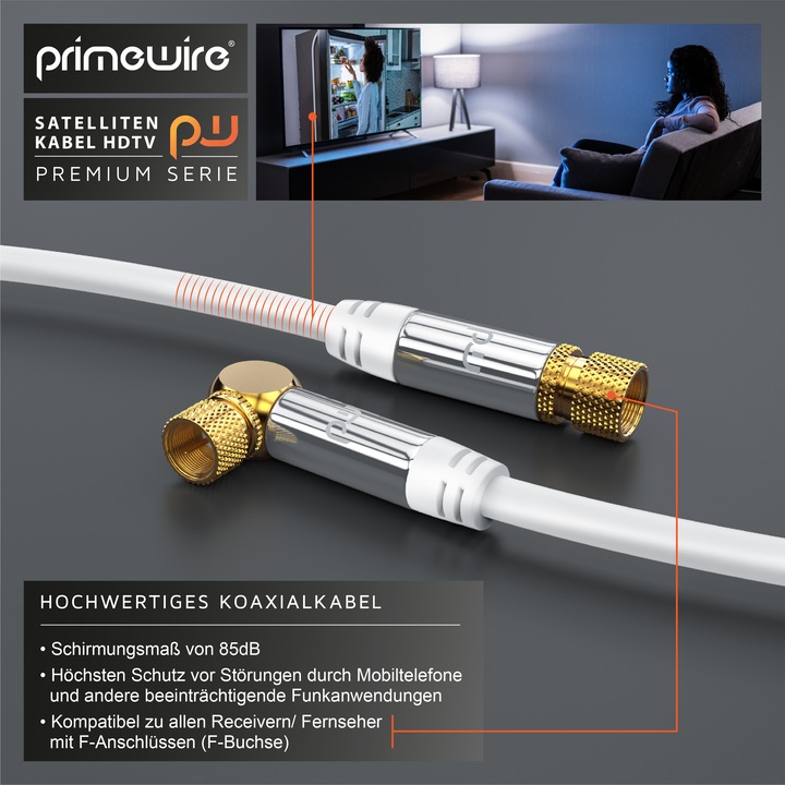 Actual product image Primewire SAT cable HDTV 90° angled - Premium SAT coaxial cable - TV Radio DVB-T DVB-C - 4-fold shielding (135 dB, Satellite cable)