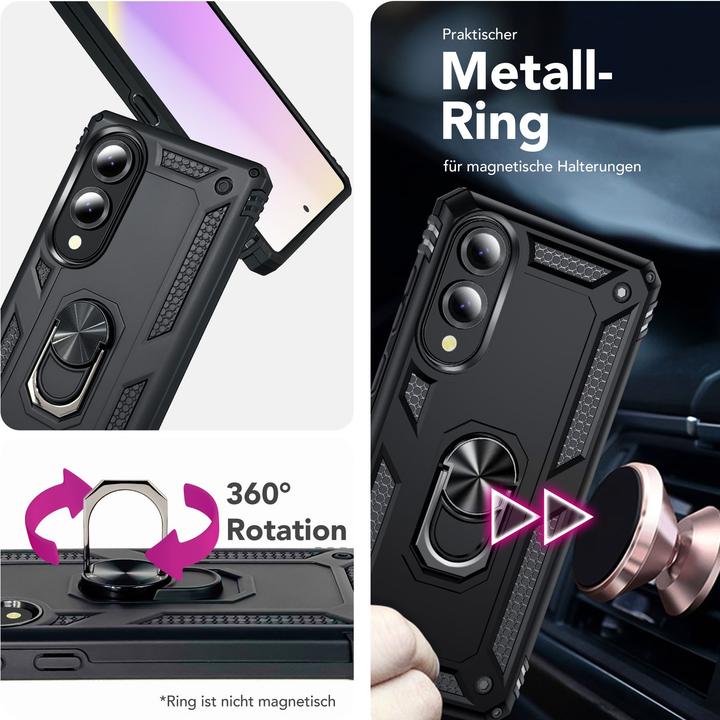 Produktbild Nalia RingDefend - Schwarze Panzerhülle mit 360-Grad Finger-Halter & Ständer - Military Style Cover (Samsung Galaxy S25 Edge)