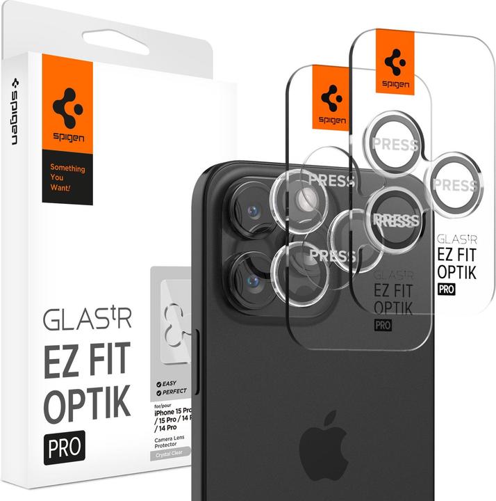 Immagine prodotto Spigen Confezione da 2 Glass tR EZ Fit Optik Pro, cristallino - iPhone 15 Pro/15 Pro Max (2 pz., Apple iPhone 14 Pro, Apple iPhone 14 Pro Max, Apple iPhone 15 Pro, Apple iPhone 15 Pro Max, Apple iPhone 16 Pro, Apple iPhone 16 Pro Max, Apple iPhone 17 Pro, Apple iPhone 17 Pro Max)