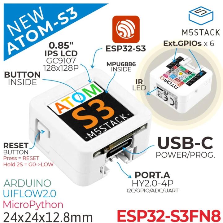 Produktbild M5Stack AtomS3 Dev-Kit mit 0.85inch Farbdisplay