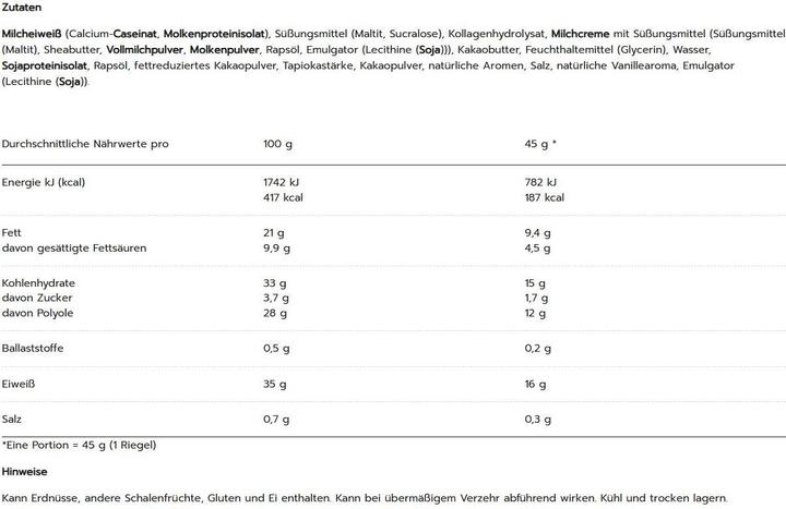 Nutritional values and ingredients Maxi Nutrition MAXI N. Protein Bar 125483 Chocolate Cookie Milk 12x45g (12 pcs., 45 g)