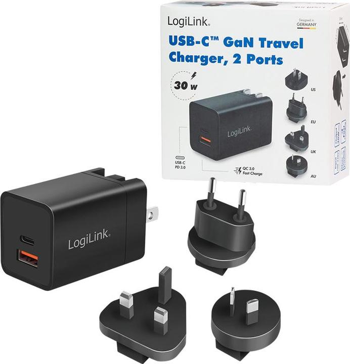 Actual product image LogiLink USB socket travel adapter, 1x USB-A, 1x USB-C, GaN technology, 30 W (30 W, 2 ports)
