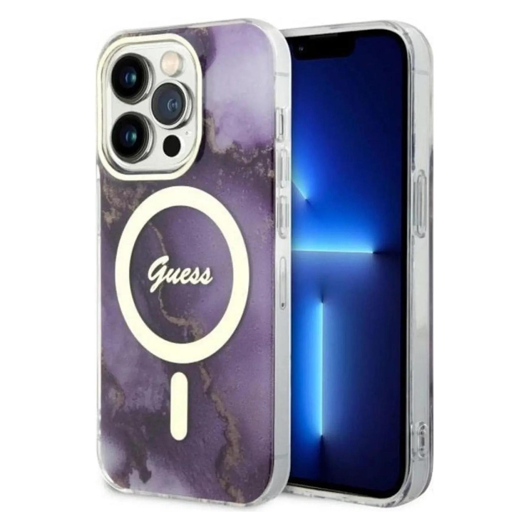 Guess GUHMP14LHTMRSU IPhone 14 Pro 6.1" Purple/purple Hardcase Golden Marble MagSafe (Apple IPhone 14 Pro), Smartphone Hülle, Violett