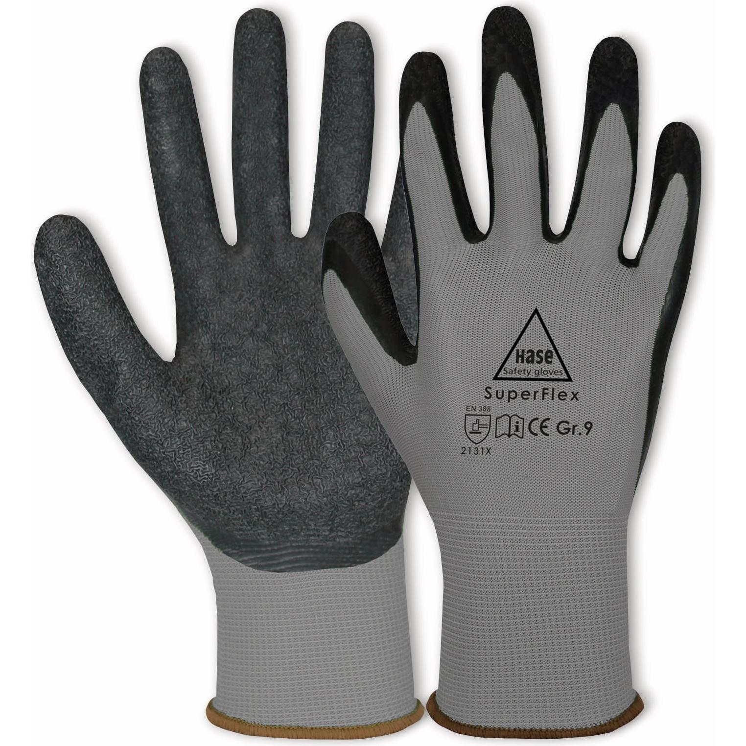 Hase Safety Gloves, Schutzhandschuhe, Latex-Arbeitshandschuhe Superflex, EN 388, EN 420, Grösse 6, grau/schwarz (7)