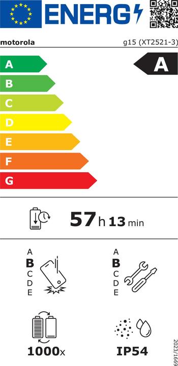 Label énergétique Motorola MOTO G15 DS 4+128 VOD GRAVITY GREY (128 Go, Gris gravitationnel, 6.72", 4G)