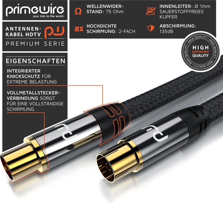 Actual product image Primewire HDTV antenna cable with braiding, premium coaxial cable 75 Ohm / 135 dB, TV cable, 4K HDTV, DVB-T (135 dB, Antenna cable)