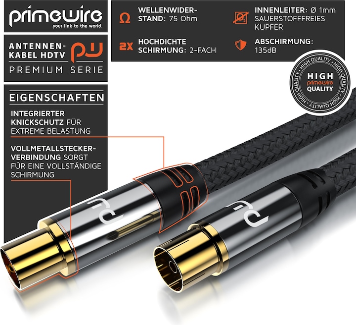 Produktbild Primewire HDTV Antennenkabel mit Braiding, Premium Koaxialkabel 75 Ohm / 135 dB, TV Kabel, 4K HDTV, DVB-T DAB (135 dB, Antennenkabel)