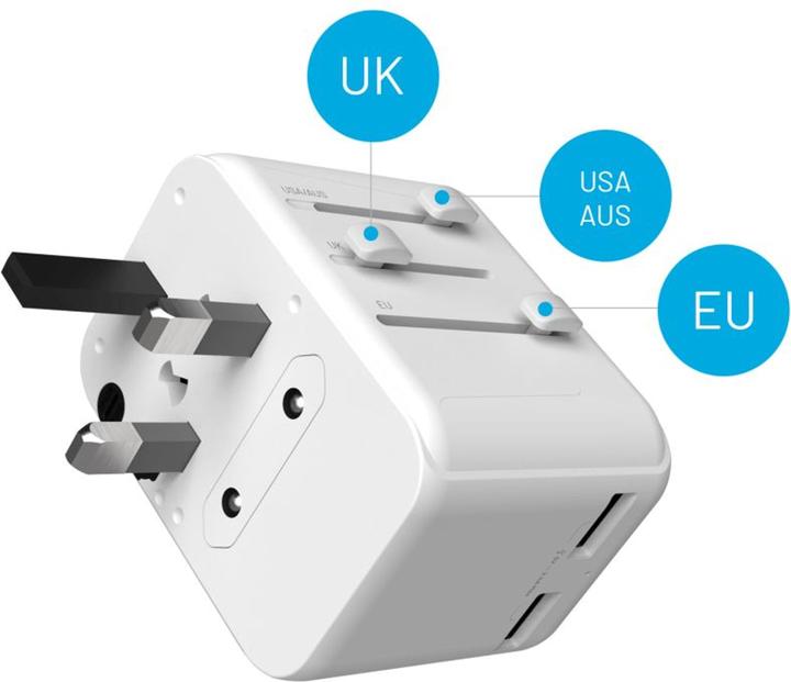 Actual product image Fixed Voyager 30W travel adapter for EU, UK and USA/AUS, with 1xUSB-C and 2xUSB output, GaN, PD 30W, white