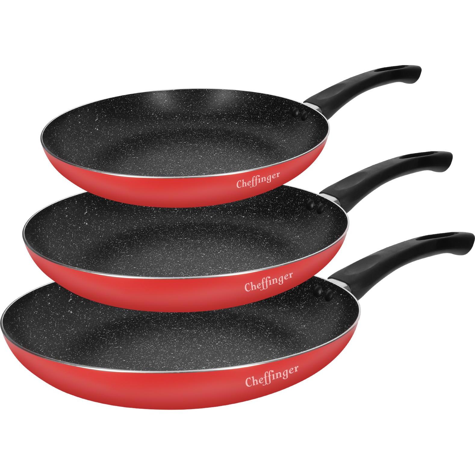 Cheffinger Bratpfannentrio 20 / 24 / 28 cm Marmorbeschichtet mit Softgrip-Griff, Pfanne + Kochtopf, Schwarz