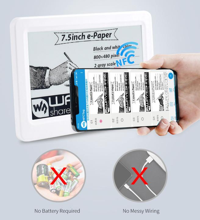 Image du produit WaveShare Écran e-Ink / e-Papier 7.5inch passif alimenté par NFC