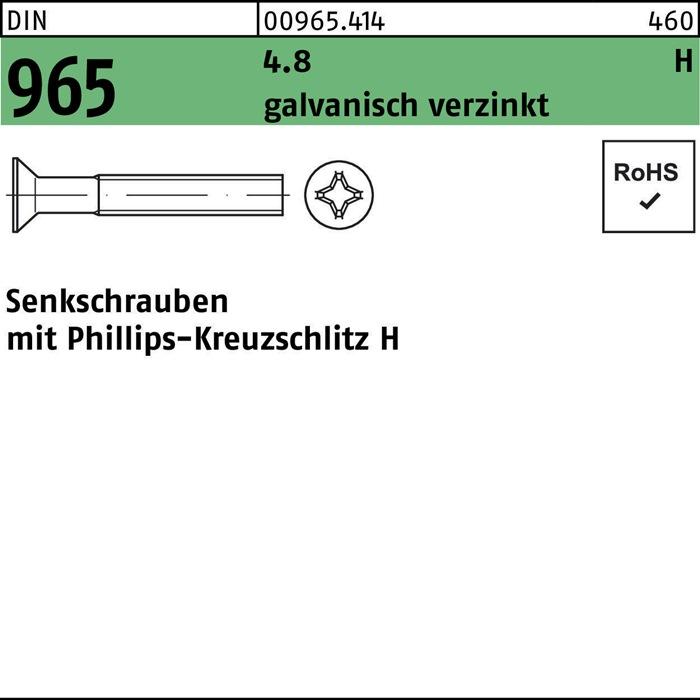 Productafbeelding Verzonken schroef DIN 965 Phillips-PH M 4 x 28 -H 4,8 gegalvaniseerd (1000 Schroeven per stuk)